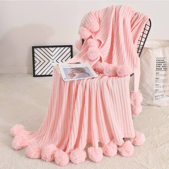 Urban Outfitters Other - Trendy Baby Pink Pompom Fringe Chic Cozy Living/Bedroom Soft Throw Blanket/Cover